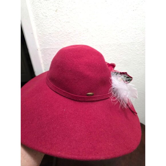 Scala Red 100% Wool Wide Brim Hat With Floral & Feather Accent Size L - Picture 7 of 8